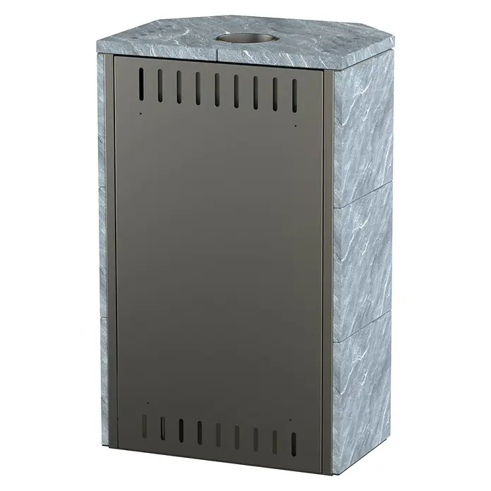 Kaminofen Bali Max - 8,5 kW, Raumheizvermögen: 244 m³, Verkleidung: Naturstein, Grau - Heizofen mit dunkelgrauer Metallfront, hellgrauer Natursteinverkleidung und Lüftungsschlitzen.
