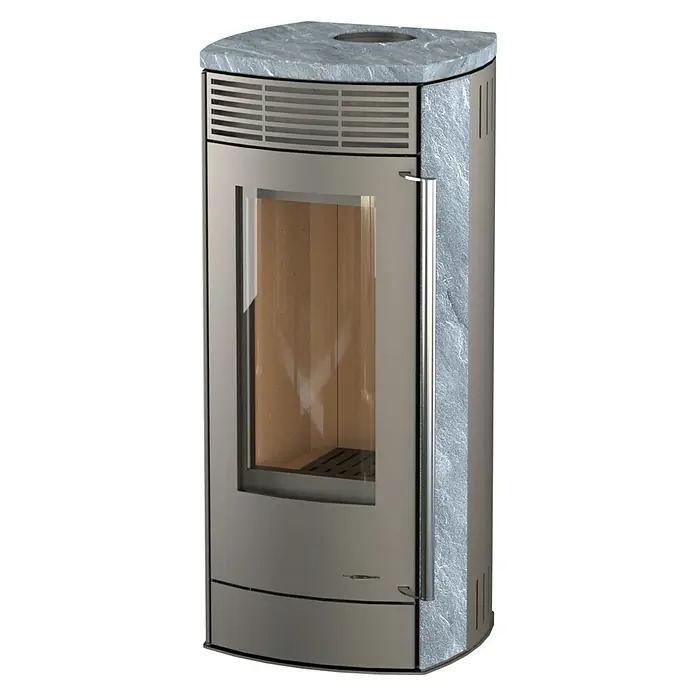 Kaminofen Alpha - 6 kW, Raumheizvermögen: 172 m³, Farbe Verkleidung: Naturstein - Moderner Kaminofen in Metallic-Grau mit Natursteinplatte und Seitenverkleidung, sowie einer Glastür.