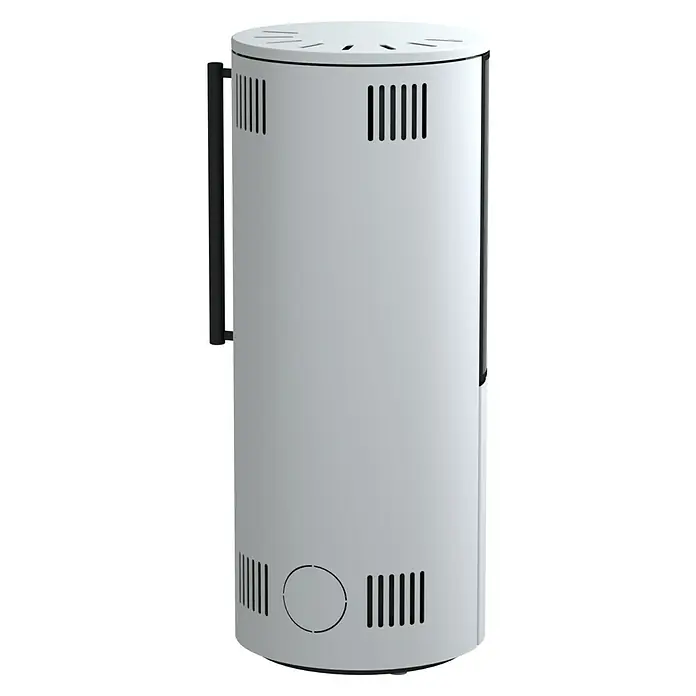 Kaminofen Xena 310 - 7,1 kW - 7,6 kW, Raumheizvermögen: 200 m³, Material Verkleidung: Stahl, Weiß - Hellgrauer zylindrischer Heizkörper mit schwarzen Lüftungsschlitzen, einem seitlichen Griff und einer dunklen Seitenplatte.
