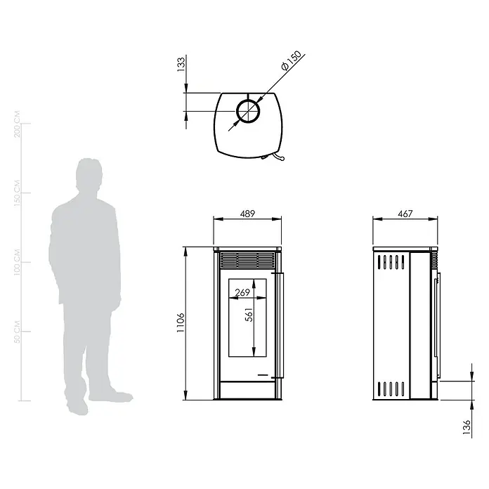 Kaminofen Alpha - 6 kW, Raumheizvermögen: 172 m³, Farbe Verkleidung: Naturstein - Technische Zeichnung eines rechteckigen Ofens (1106x489x467mm, 150mm Abluftrohr oben) mit einer menschlichen Figur zum Größenvergleich.