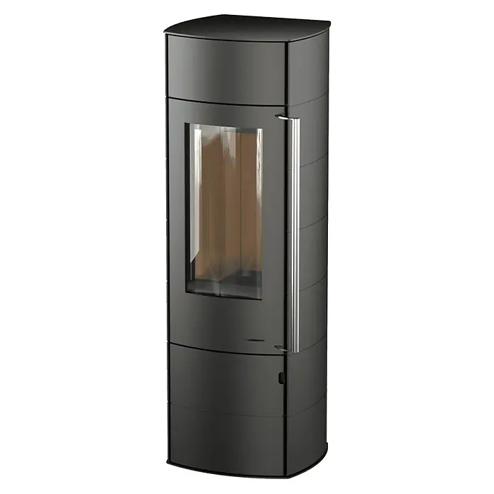 Kaminofen Alpha Ring - 6 kW, Raumheizvermögen: 172 m³, Material Verkleidung: Stahl, Farbe Verkleidung: Schwarz - Dunkelgrauer Kaminofen mit Glastür und silbernem vertikalem Griff. Modernes Heizgerät.