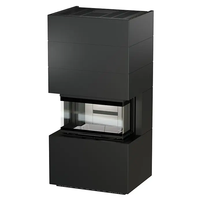 Kaminofen Adastra 700 Plus Line - 9,6 kW, Raumheizvermögen: 272 m³, Material Verkleidung: Stahl, Schwarz - Moderner schwarzer freistehender Kaminofen mit Glasbrennraum und oberen Lüftungsgittern.