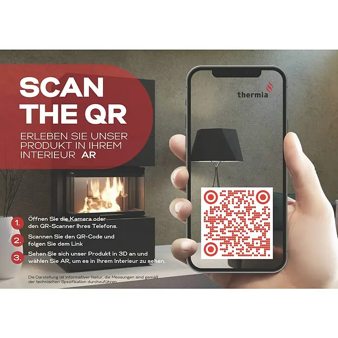 Kaminofen Integra Plus Line Links - 8 kW, Raumheizvermögen: 229 m³, Material Verkleidung: Stahl, Weiß - Smartphone mit AR-Ansicht einer Lampe in einem Raum, QR-Code und Anleitung zur AR-Produkterfahrung.