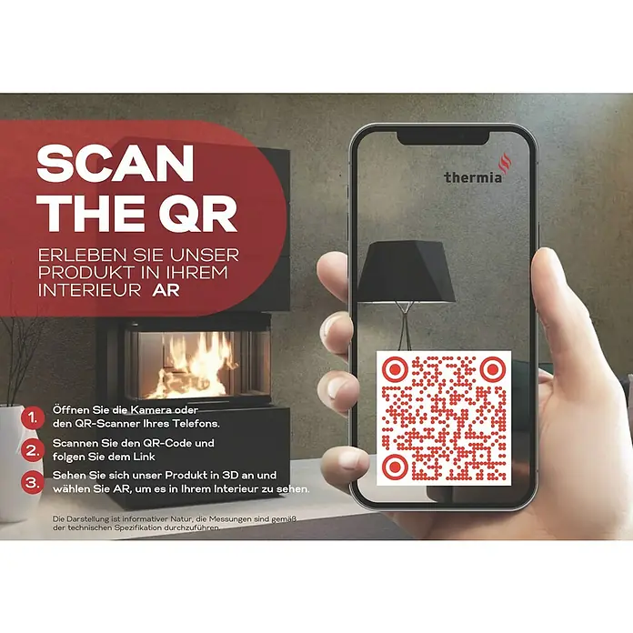 Kaminofen Integra Plus Line Rechts - 8 kW, Raumheizvermögen: 229 m³, Material Verkleidung: Stahl, Weiß - Smartphone mit AR-Ansicht einer schwarzen Lampe in einem Raum mit Kamin, bewirbt QR-Code-Scan zur Produktvisualisierung.