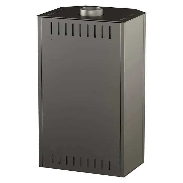 Kaminofen Bali Max - 8,5 kW, Raumheizvermögen: 244 m³, Verkleidung: Stahl, Grau - Dunkelgraues Metallgerät mit Lüftungsschlitzen und Rauchabzugsrohr oben.