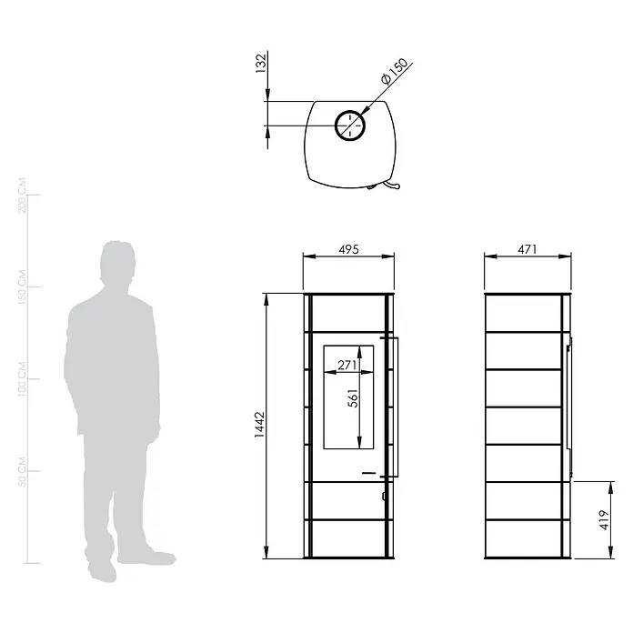 Kaminofen Alpha Ring - 6 kW, Raumheizvermögen: 172 m³, Material Verkleidung: Stahl, Farbe Verkleidung: Schwarz - Technisches Zeichnung eines hohen, schlanken modernen Ofens mit Maßen.
