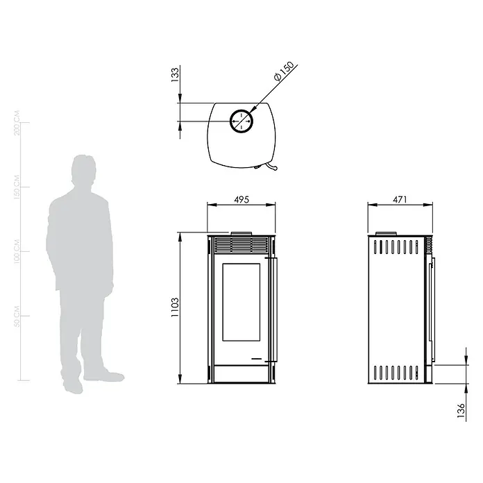 Kaminofen Alpha - 6 kW, Raumheizvermögen: 172 m³, Material Verkleidung: Stahl, Farbe Verkleidung: Gussgrau - Technische Zeichnung eines Ofens mit Vorder-, Seiten- und Draufsicht, einschließlich aller Maße in mm und einer menschlichen Figur zum Größenvergleich.