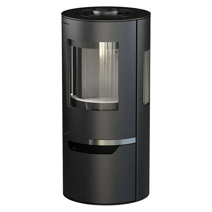 Kaminofen Hiron Trio V2 - 6 kW, Raumheizvermögen: 172 m³, Material Verkleidung: Stahl, Schwarz - Schwarzer zylindrischer Holzofen mit großem Glasfenster und silbernem Griff.
