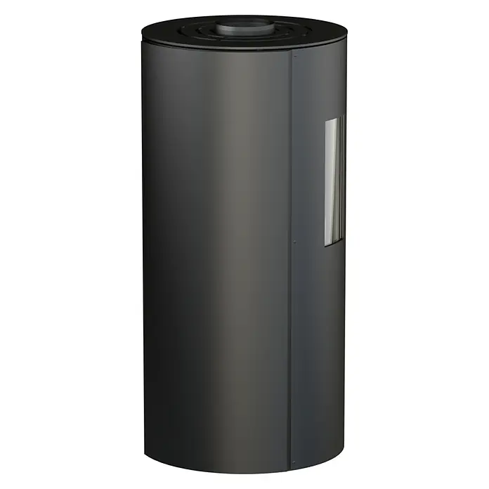 Kaminofen Hiron Trio V2 - 6 kW, Raumheizvermögen: 172 m³, Material Verkleidung: Stahl, Schwarz - Dunkelgrauer zylindrischer Kaminofen mit vertikalem Sichtfenster.
