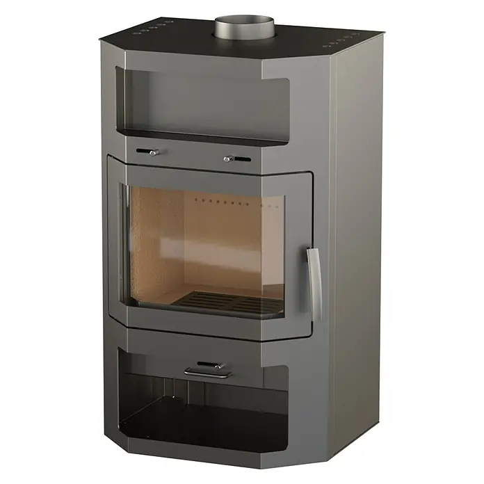 Kaminofen Bali Max - 8,5 kW, Raumheizvermögen: 244 m³, Verkleidung: Stahl, Grau - Dunkelgrauer moderner Kaminofen mit großer Glastür und Chromdetails.