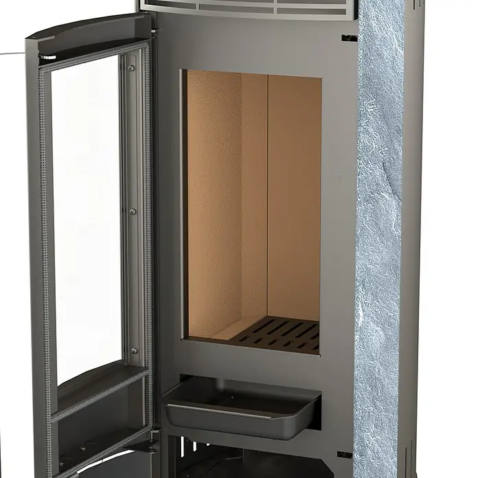 Kaminofen Alpha - 6 kW, Raumheizvermögen: 172 m³, Farbe Verkleidung: Naturstein - Dunkelgrauer Kaminofen mit offener Glastür, strukturierter Steinseitenverkleidung und Brennraum.