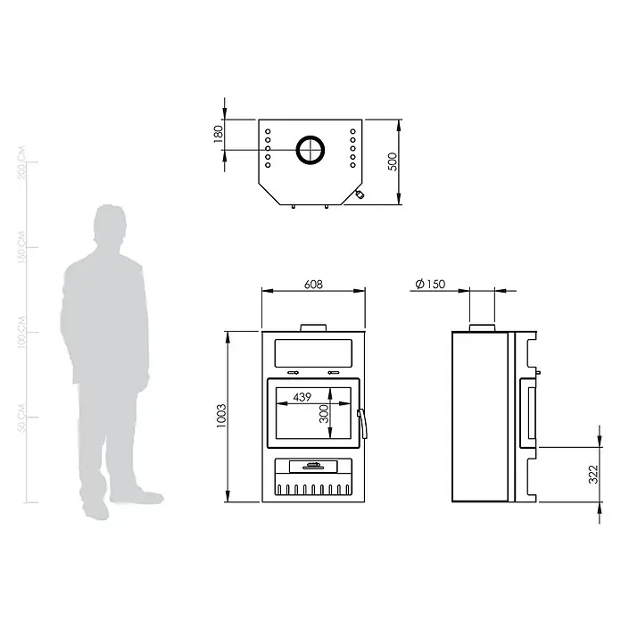 Kaminofen Bali Max - 8,5 kW, Raumheizvermögen: 244 m³, Verkleidung: Stahl, Grau - Technische Zeichnungen eines Holzofens, mit Vorder-, Seiten- und Draufsicht sowie detaillierten Abmessungen. Eine menschliche Silhouette dient als Maßstab.