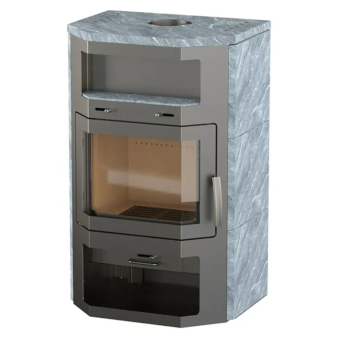 Kaminofen Bali Max - 8,5 kW, Raumheizvermögen: 244 m³, Verkleidung: Naturstein, Grau - Moderner Kaminofen aus grauem Metall und Steinverkleidung, mit Glastür, oberem Warmhaltefach und unterem Stauraum.