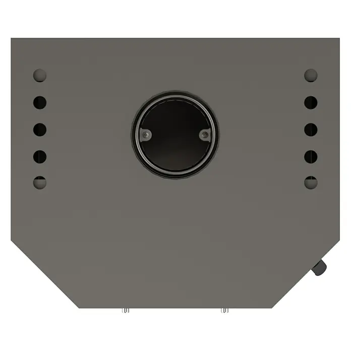 Kaminofen Bali Max - 8,5 kW, Raumheizvermögen: 244 m³, Verkleidung: Stahl, Grau - Dunkelgraue rechteckige Platte mit zentraler abgedeckter kreisförmiger Ablauf-/Lüftungsöffnung, zwei vertikalen Reihen von fünf Befestigungslöchern und einem kleinen Hebel.