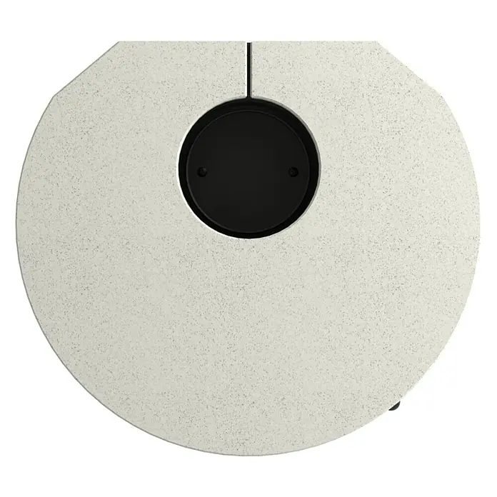 Kaminofen Cumulus Omega XL Limestone - 7 kW, Raumheizvermögen: 200 m³, Schwarz - Rundes, hellgrau gesprenkeltes Paneel mit zentraler schwarzer Kreiseinlage und oberem vertikalen Schlitz.