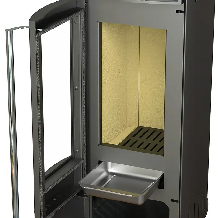 Kaminofen Alpha - 6 kW, Raumheizvermögen: 172 m³, Material Verkleidung: Stahl, Farbe Verkleidung: Gussgrau - Offener dunkelgrauer Kamininnenraum mit heller beiger Brennraumauskleidung, Rost und ausziehbarer Aschelade.