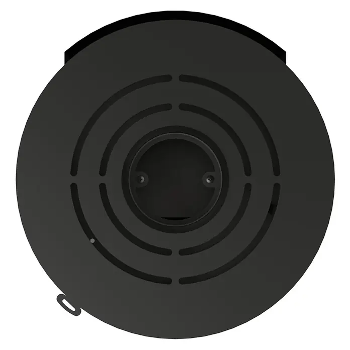 Kaminofen Hiron Trio V2 - 6 kW, Raumheizvermögen: 172 m³, Material Verkleidung: Stahl, Schwarz - Dunkelgraue runde Herdplatte mit konzentrischen Ringen und zentraler Öffnung.