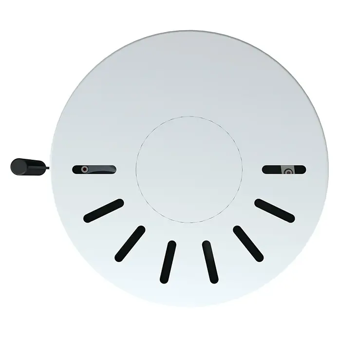Kaminofen Xena 310 - 7,1 kW - 7,6 kW, Raumheizvermögen: 200 m³, Material Verkleidung: Stahl, Weiß - Rundes weißes Rauchmelder mit radialen Lüftungsschlitzen, zwei Sensoröffnungen und schwarzer Zuglasche.