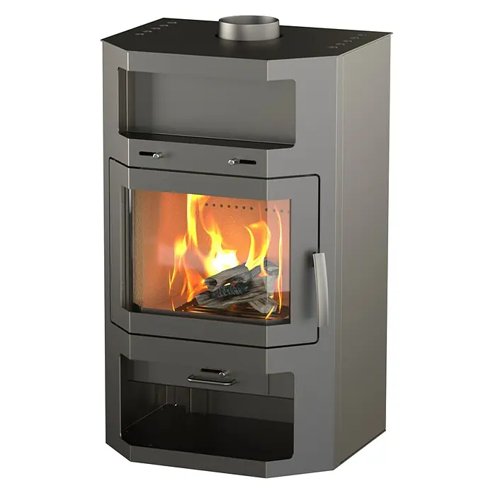 Kaminofen Bali Max - 8,5 kW, Raumheizvermögen: 244 m³, Verkleidung: Stahl, Grau - Moderner dunkelgrauer Kaminofen mit Glastür, der ein brennendes Feuer, eine obere Ablage und einen unteren Stauraum zeigt.