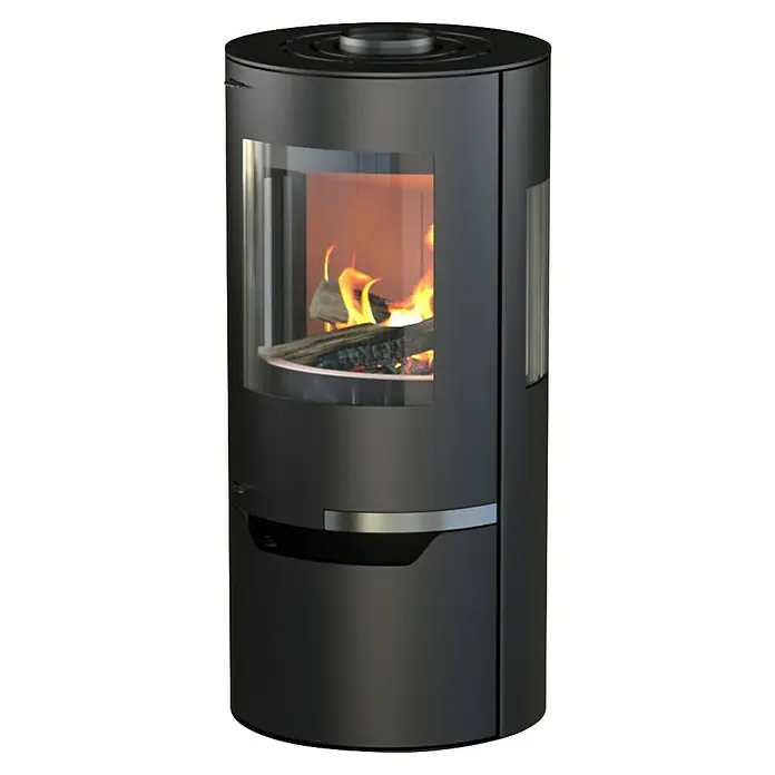 Kaminofen Hiron Trio V2 - 6 kW, Raumheizvermögen: 172 m³, Material Verkleidung: Stahl, Schwarz - Schwarzer zylindrischer Holzofen mit Glastür, die brennende Holzscheite zeigt.
