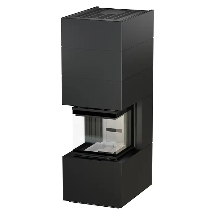 Kaminofen Adastra 500 Plus Line - 11 kW, Raumheizvermögen: 315 m³, Material Verkleidung: Stahl, Schwarz - Moderner schwarzer Stahlkamin in hoher, rechteckiger Ausführung mit zentraler Glasbrennkammer.