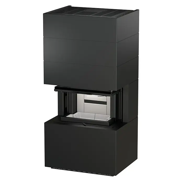 Kaminofen Adastra 700 Plus Line - 9,6 kW, Raumheizvermögen: 272 m³, Material Verkleidung: Stahl, Schwarz - Moderner, dunkelgrauer Holzofen mit hohem, rechteckigem Korpus und sichtbarem weißem Brennraum und Aschefach.