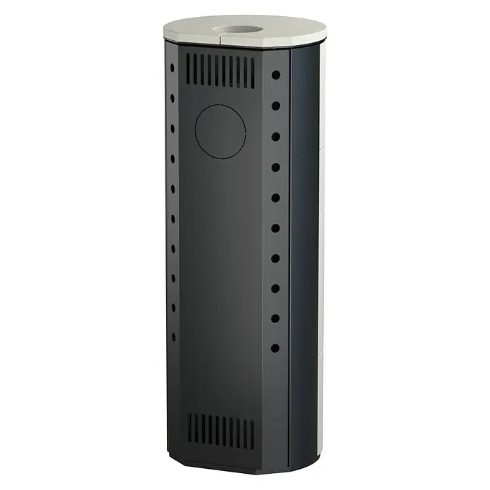 Kaminofen Cumulus Omega XL Limestone - 7 kW, Raumheizvermögen: 200 m³, Schwarz - Dunkelgrauer, mehrseitiger Säulenheizer mit heller Steindeckplatte und Lüftungsschlitzen.