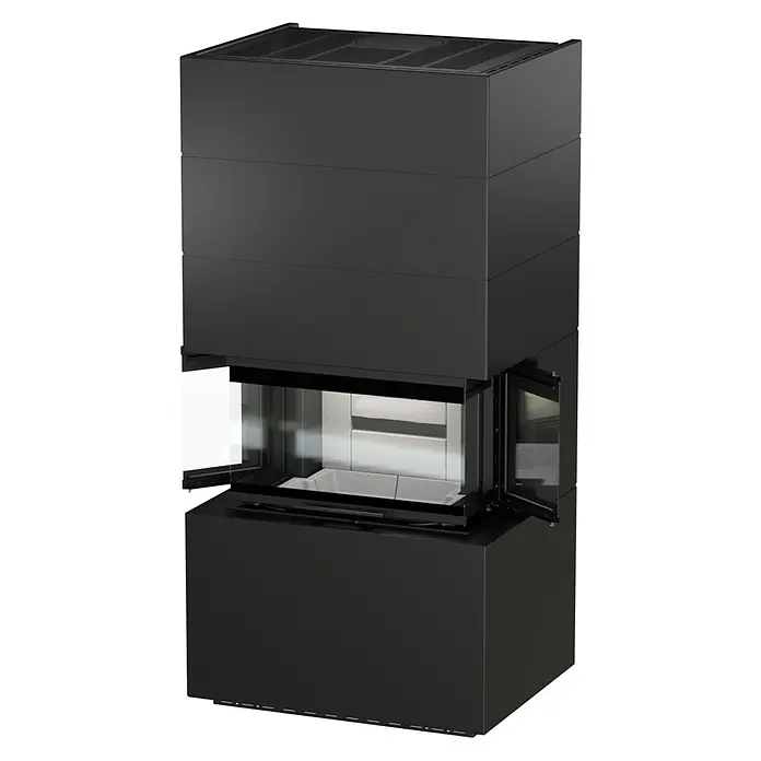 Kaminofen Adastra 700 Plus Line - 9,6 kW, Raumheizvermögen: 272 m³, Material Verkleidung: Stahl, Schwarz - Schwarzer freistehender Kamin mit Glastüren und hellem Brennraum.