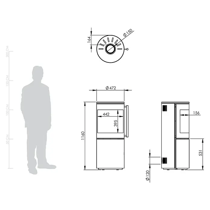 Kaminofen Xena 310 - 7,1 kW - 7,6 kW, Raumheizvermögen: 200 m³, Material Verkleidung: Stahl, Weiß - Technisches Datenblatt eines Ofens mit Maßen (H 1160mm, B 472mm, Rauchrohr Ø150mm) und Person zur Größenreferenz.