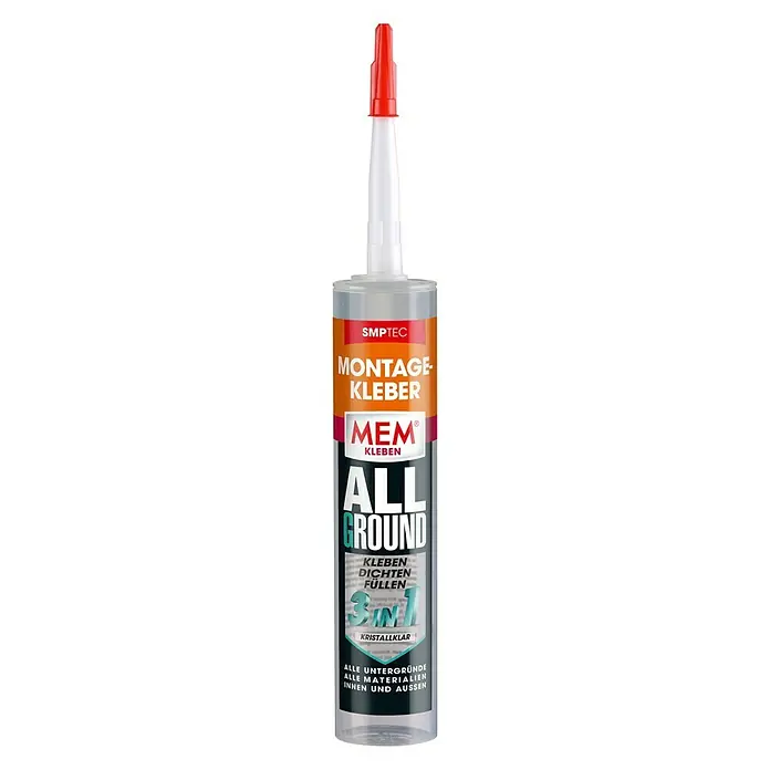 MEM Montagekleber ALLGROUND 3in1 - Kristallklar, 300 g - Eine Tube SMPTEC Montagekleber, ein Allzweckkleber zum Kleben, Abdichten und Füllen, kristallklar und für alle Untergründe geeignet.