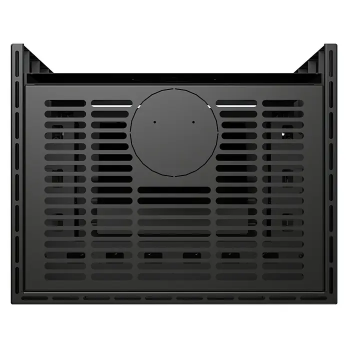 Kaminofen Adastra 700 Plus Line - 9,6 kW, Raumheizvermögen: 272 m³, Material Verkleidung: Stahl, Schwarz - Draufsicht einer schwarzen Metallplatte mit horizontalen Lüftungsschlitzen und zentraler runder Lüfterhalterung.