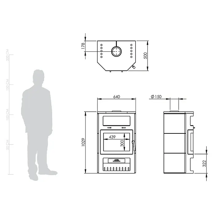 Kaminofen Bali Max - 8,5 kW, Raumheizvermögen: 244 m³, Verkleidung: Naturstein, Grau - Technische Zeichnung eines rechteckigen Ofens mit oberem Rauchrohranschluss, mit Ansichten, Maßen und einer menschlichen Silhouette zur Größenangabe.
