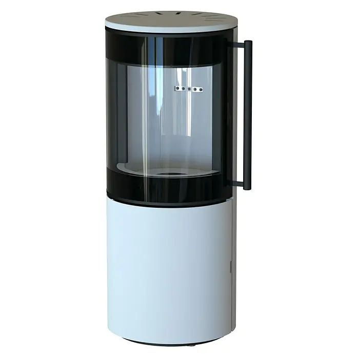 Kaminofen Xena 310 - 7,1 kW - 7,6 kW, Raumheizvermögen: 200 m³, Material Verkleidung: Stahl, Weiß - Moderner zylindrischer weißer Ofen mit großer Glastür, schwarzem Rahmen und oberen Lüftungsschlitzen.