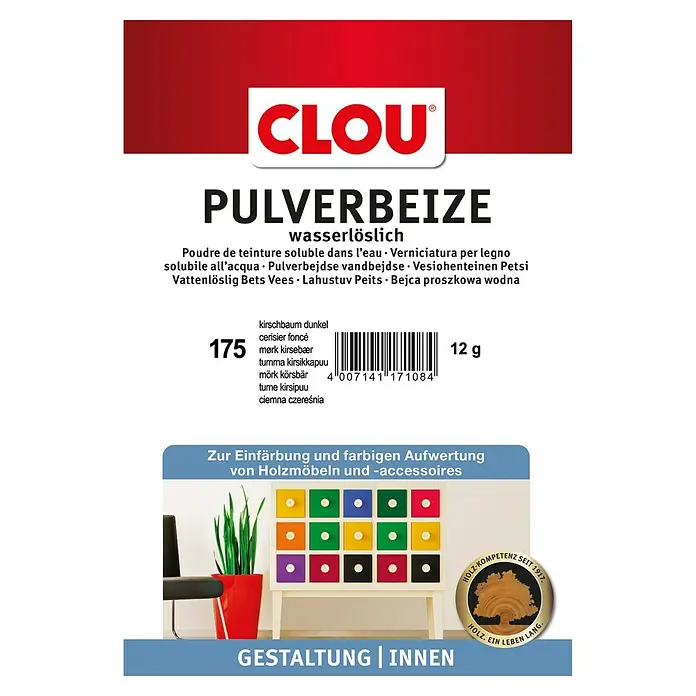Clou Holzbeize Pulverbeize - Kirschbaum dunkel, 12 g, Geeignet für: Alle Holzarten - Abbildung einer Clou Pulverbeize, wasserlösliche Holzbeize zur farbigen Aufwertung von Holzmöbeln und Accessoires.