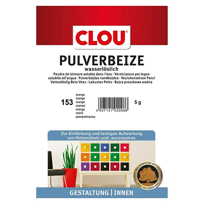 Clou Holzbeize Pulverbeize - Orange, 5 g, Geeignet für: Alle Holzarten - Abbildung der CLOU Pulverbeize, wasserlösliche Holzbeize in der Farbe Orange, ideal zum Färben und Aufwerten von Holzmöbeln und Accessoires.
