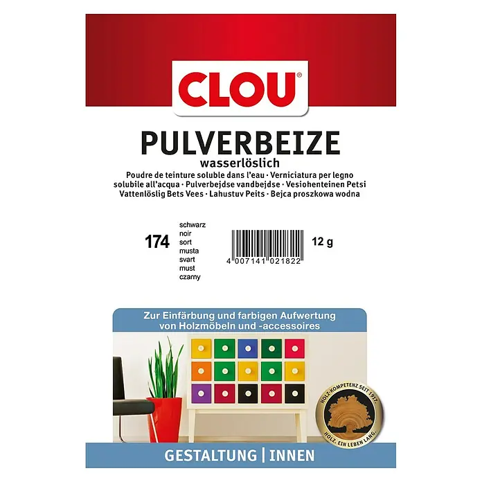 Clou Holzbeize Pulverbeize - Schwarz, 12 g, Geeignet für: Alle Holzarten - Produktbild von Clou Pulverbeize Nr. 174, wasserlösliche Holzbeize in Schwarz für Möbel und Accessoires.