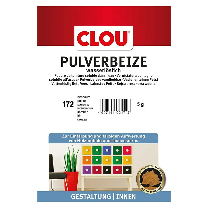 Clou Holzbeize Pulverbeize - Birnbaum, 5 g, Geeignet für: Alle Holzarten - Clou Pulverbeize, wasserlösliche Holzbeize zur farbigen Aufwertung von Holzmöbeln und Accessoires, Farbton Birnbaum, 5 g Packung.
