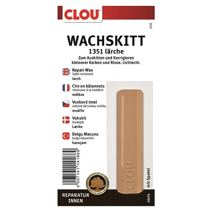 Clou Wachskittstange - Lärche - Bild des Clou Wachskitts 1351 Lärche, ein Reparaturwachs zum Ausbessern von Holzoberflächen im Innenbereich, inklusive Spatel.
