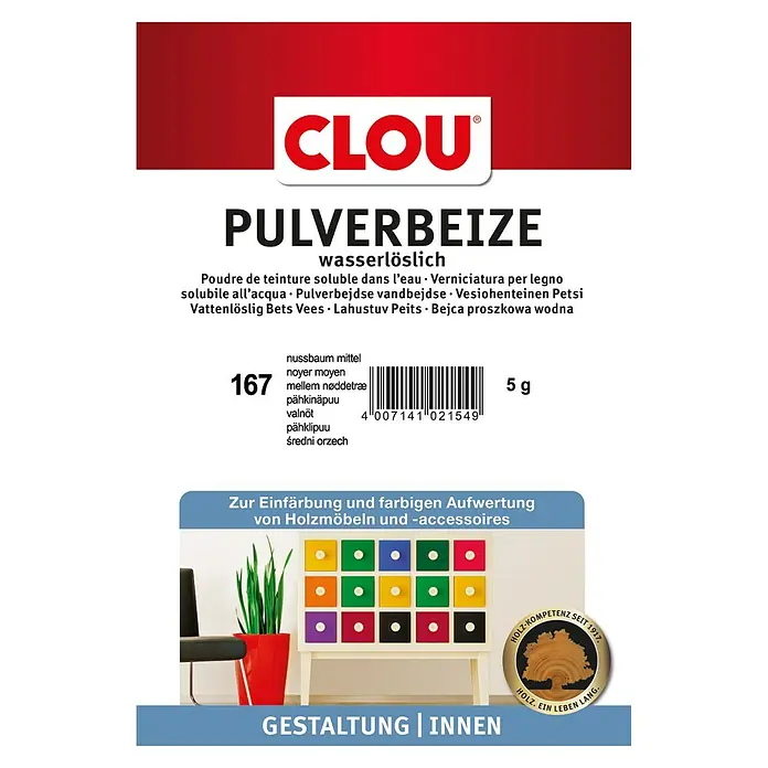 Clou Holzbeize Pulverbeize - Nussbaum mittel, 5 g, Geeignet für: Alle Holzarten - CLOU Pulverbeize, wasserlösliche Holzbeize für Möbel und Accessoires, Farbton Nussbaum Mittel, 5g Packung für individuelle Farbgestaltung.