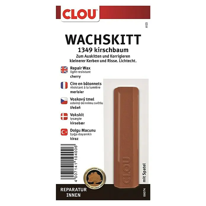 Clou Wachskittstange - Kirschbaum - Abbildung des Clou Wachskitt 1349 Kirschbaum, ein Reparaturwachs zum Ausbessern von kleineren Kerben und Rissen im Innenbereich, inklusive Spatel.