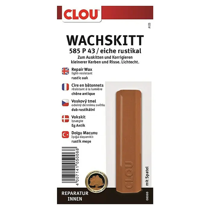 Clou Wachskittstange - Eiche - Produktbild von CLOU Wachskitt 585 P 43 Eiche rustikal, zur Reparatur von Holzoberflächen im Innenbereich, mit Spatel.