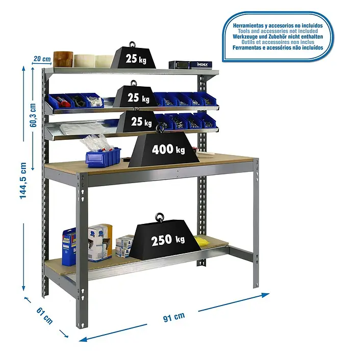 Simonrack Simonwork Banco de trabajo BT1 - Ancho: 91 cm, Gris, Carga soportada: 400 kg - Imagen de una mesa de taller con estanterías, con pesos colocados sobre ellas para demostrar la capacidad de carga.