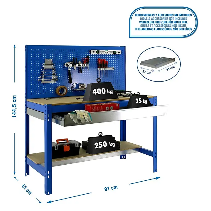 Simonrack Simonwork Banco de trabajo BT2 Box - Azul, Ancho: 91 cm - Banco de trabajo con panel perforado y cajón, con una capacidad de carga de hasta 400 kg. El banco tiene un estante y una superficie de trabajo.
