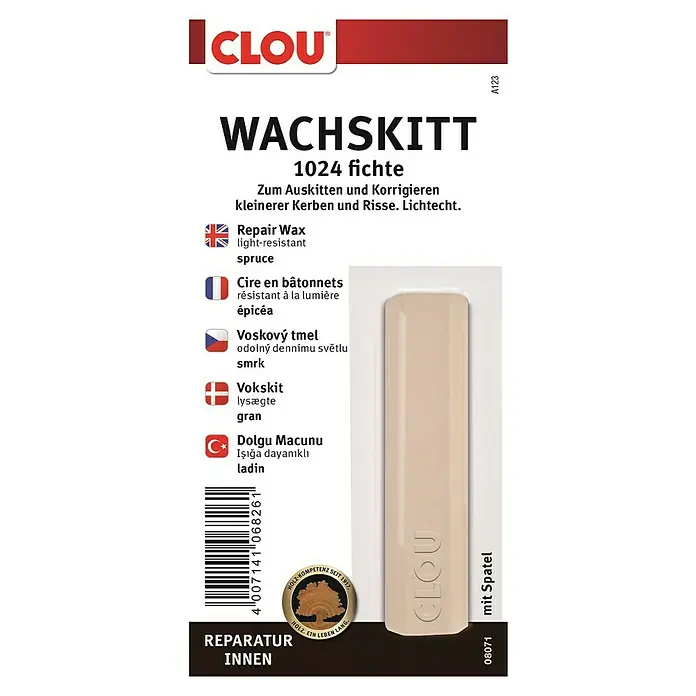 Clou Wachskittstange - Fichte - Clou Wachskitt 1024 Fichte: Reparaturwachs zum Ausbessern von Holzoberflächen, ideal für kleine Kerben und Risse im Innenbereich.