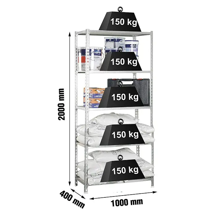 Simonrack Maderclick Metallregal Maderclick Plus - H x B x T: 200 x 100 x 40 cm, Traglast pro Boden: 150 kg, Anzahl Böden: 5 Stk., Stecken, Silber - Abbildung eines Schwerlastregals mit fünf Ebenen, das mit Farbdosen, Werkzeugkasten und schweren Säcken bis zu 150 kg belastet ist.