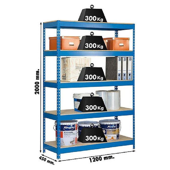 Simonrack Bricoforte Estantería para cargas pesadas 10024-5 (L x An x Al: 45 x 120 x 200 cm, Capacidad de carga: 300 kg/balda, Número de baldas: 5 ud., Azul)