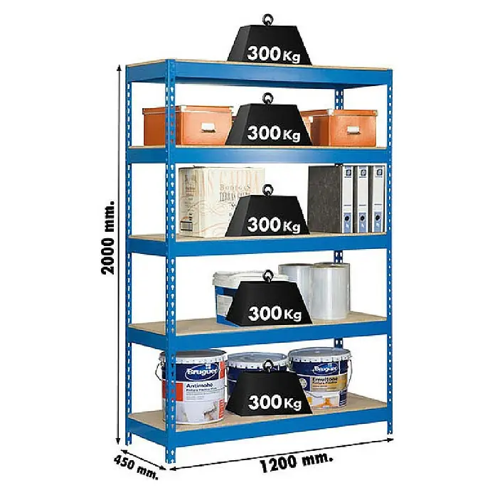 Simonrack Bricoforte Schwerlastregal Bricoforte Chipboard - H x B x T: 200 x 120 x 45 cm, Traglast pro Boden: 300 kg, Anzahl Böden: 5 Stk., Stecken, Blau - Abbildung eines blauen Metallregals mit fünf Ebenen, auf denen verschiedene Gegenstände und Gewichte von 300 kg platziert sind.