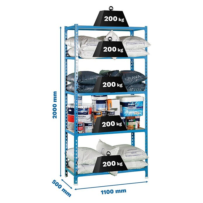 Simonrack Maderclick Metall-Schwerlastregal Maderclick Super Plus (L x B x H: 50 x 110 x 200 cm, Traglast: 150 kg/Boden, Anzahl Böden: 5 Stk., Blau)