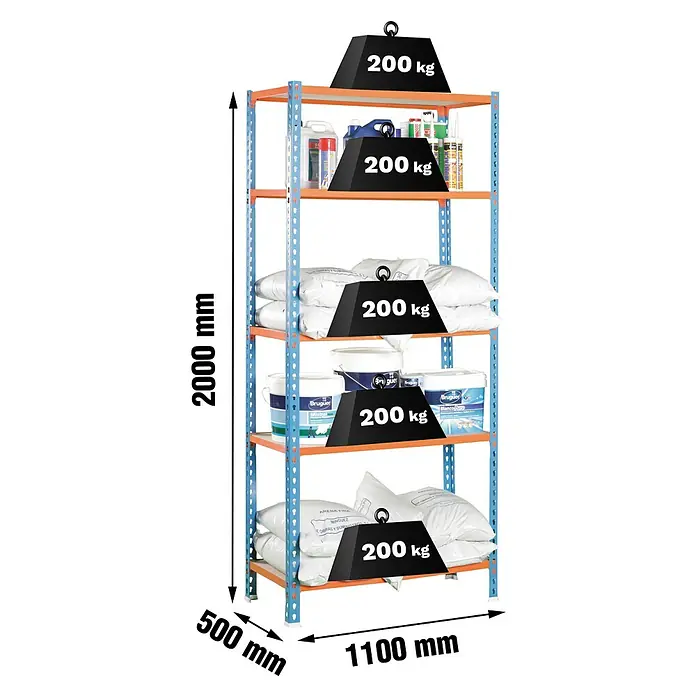 Simonrack Maderclick Metallregal Maderclick SuperPlus - H x B x T: 200 x 110 x 50 cm, Traglast pro Boden: 200 kg, Anzahl Böden: 5 Stk., Stecken, Blau/Orange - Ein Bild eines blauen und orangefarbenen Schwerlastregals mit fünf Ebenen, das mit verschiedenen Gegenständen und Gewichten von 200 kg beladen ist.