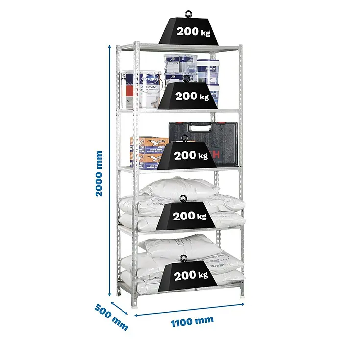 Simonrack Maderclick Metallregal Maderclick SuperPlus - H x B x T: 200 x 110 x 50 cm, Traglast pro Boden: 200 kg, Anzahl Böden: 5 Stk., Stecken, Silber - Abbildung eines Schwerlastregals mit fünf Ebenen, das mit verschiedenen Gegenständen und Gewichten von 200 kg beladen ist.